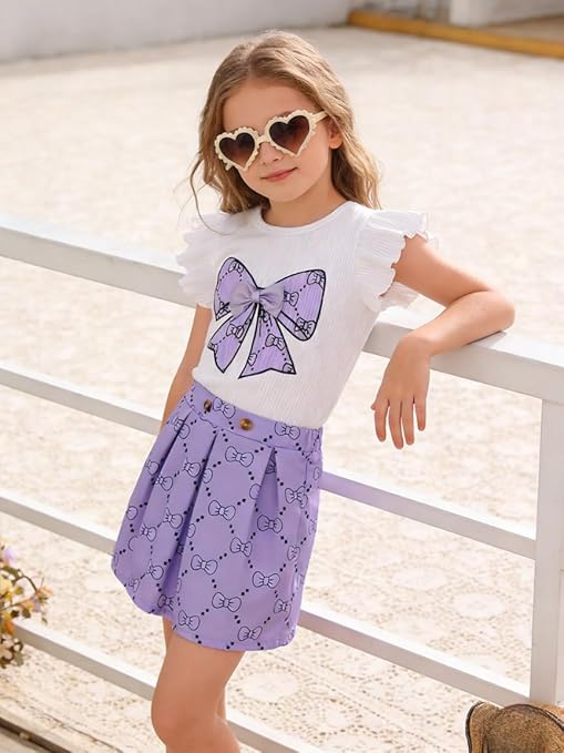 Girls Clothes Cap Sleeve T-Shirt + Bowknot Print 2pcs Summer Shorts Outfit