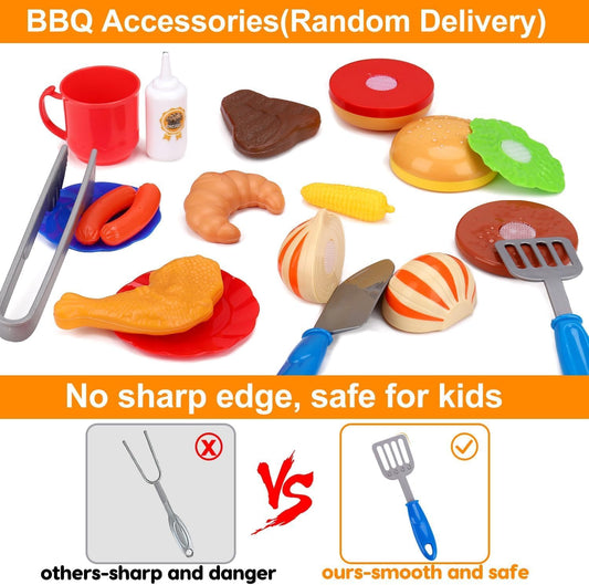 Kids Play Food Grill with Pretend Smoke Sound Light Kitchen Playset BBQ Accessories Camping Cooking Set
