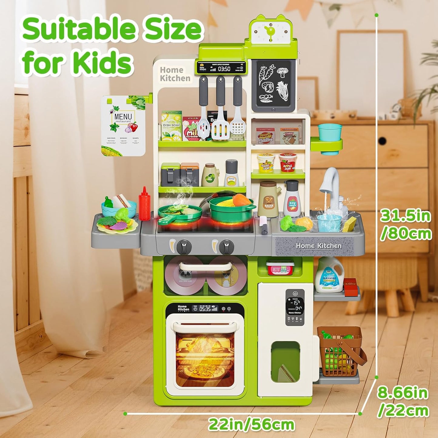 Kids Play Kitchen Set, Kitchen Toys with Realistic Sound & Light, Cooking Stove