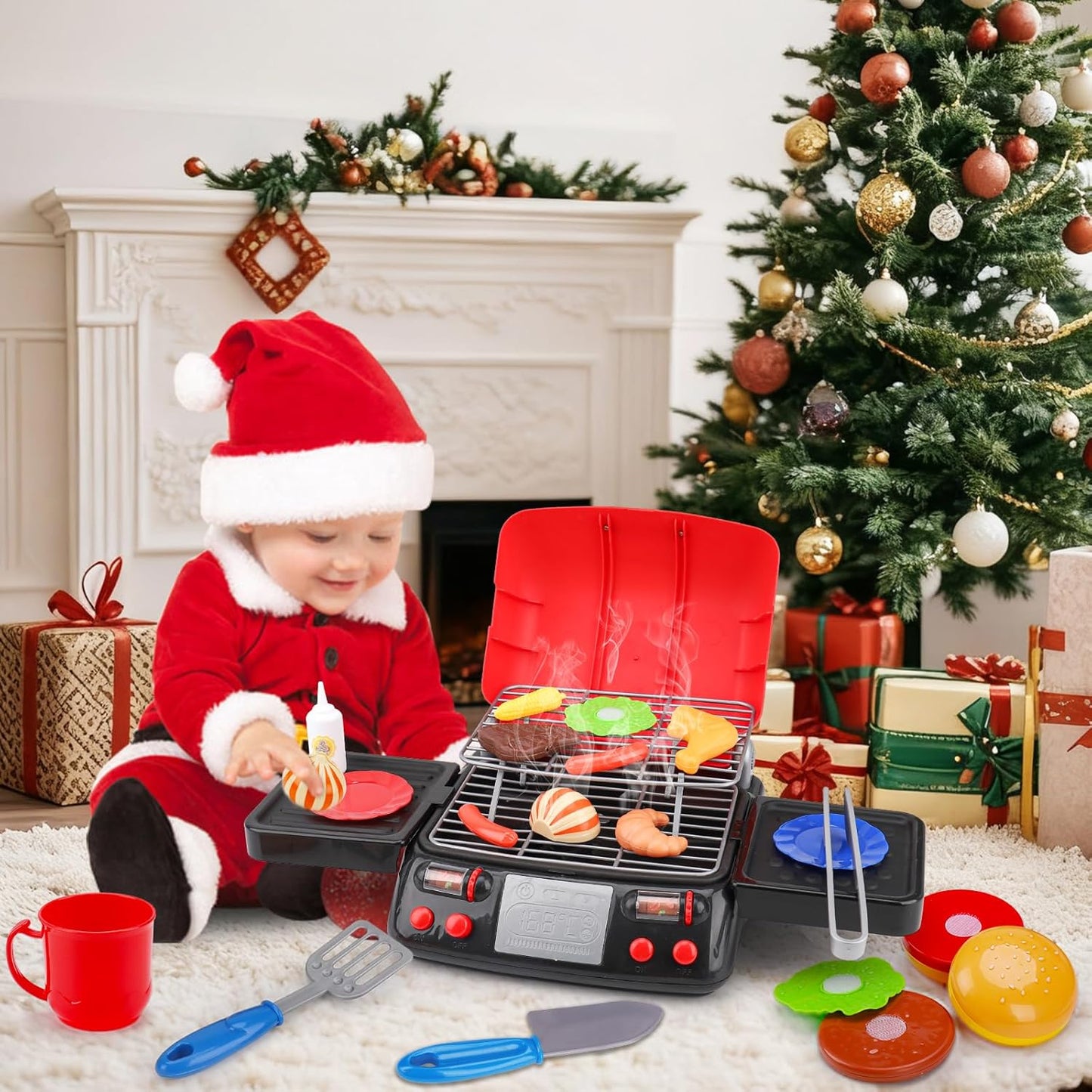 Kids Play Food Grill with Pretend Smoke Sound Light Kitchen Playset BBQ Accessories Camping Cooking Set