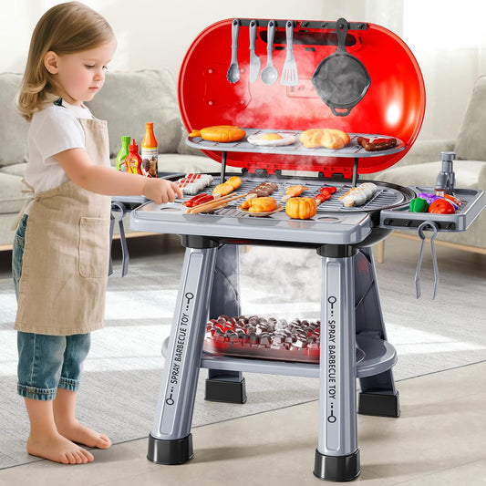 Kids Kitchen Toy Set, Kids BBQ Grill Kitchen Playset with Smoke, Sound & Light