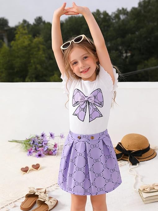 Girls Clothes Cap Sleeve T-Shirt + Bowknot Print 2pcs Summer Shorts Outfit