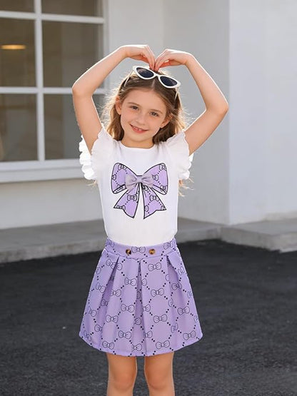 Girls Clothes Cap Sleeve T-Shirt + Bowknot Print 2pcs Summer Shorts Outfit
