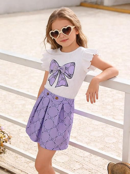 Girls Clothes Cap Sleeve T-Shirt + Bowknot Print 2pcs Summer Shorts Outfit