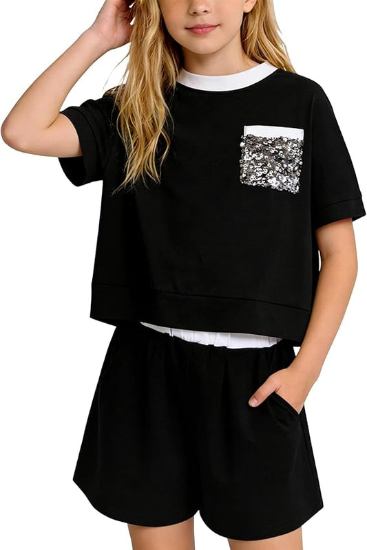 Girls' Summer Shorts Set 2 Piece Clothes Outfits Cute Drop Shoulder T-shirt