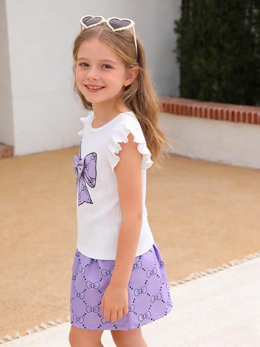 Girls Clothes Cap Sleeve T-Shirt + Bowknot Print 2pcs Summer Shorts Outfit