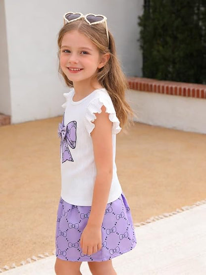 Girls Clothes Cap Sleeve T-Shirt + Bowknot Print 2pcs Summer Shorts Outfit