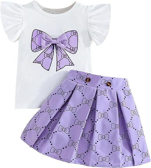 Girls Clothes Cap Sleeve T-Shirt + Bowknot Print 2pcs Summer Shorts Outfit