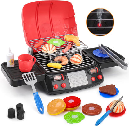 Kids Play Food Grill with Pretend Smoke Sound Light Kitchen Playset BBQ Accessories Camping Cooking Set