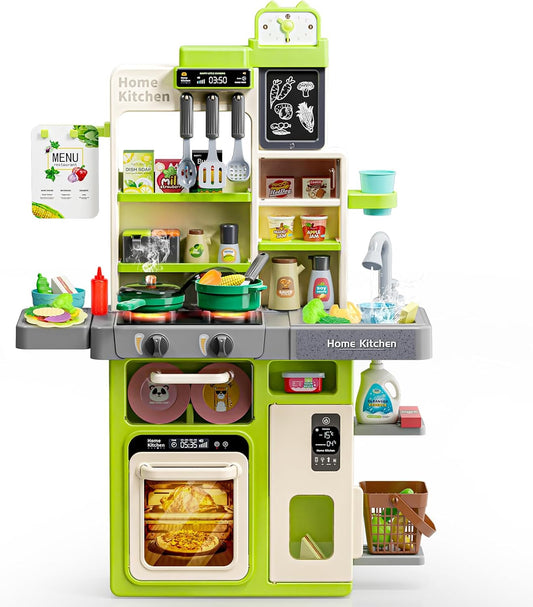 Kids Play Kitchen Set, Kitchen Toys with Realistic Sound & Light, Cooking Stove