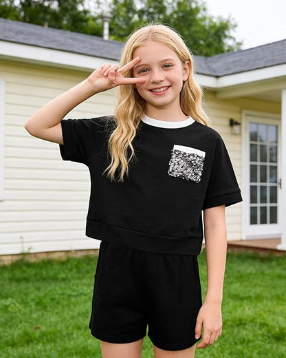 Girls' Summer Shorts Set 2 Piece Clothes Outfits Cute Drop Shoulder T-shirt