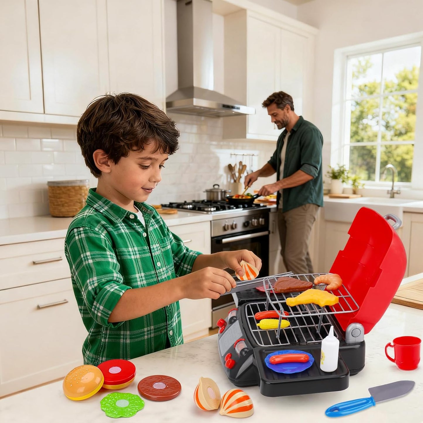 Kids Play Food Grill with Pretend Smoke Sound Light Kitchen Playset BBQ Accessories Camping Cooking Set