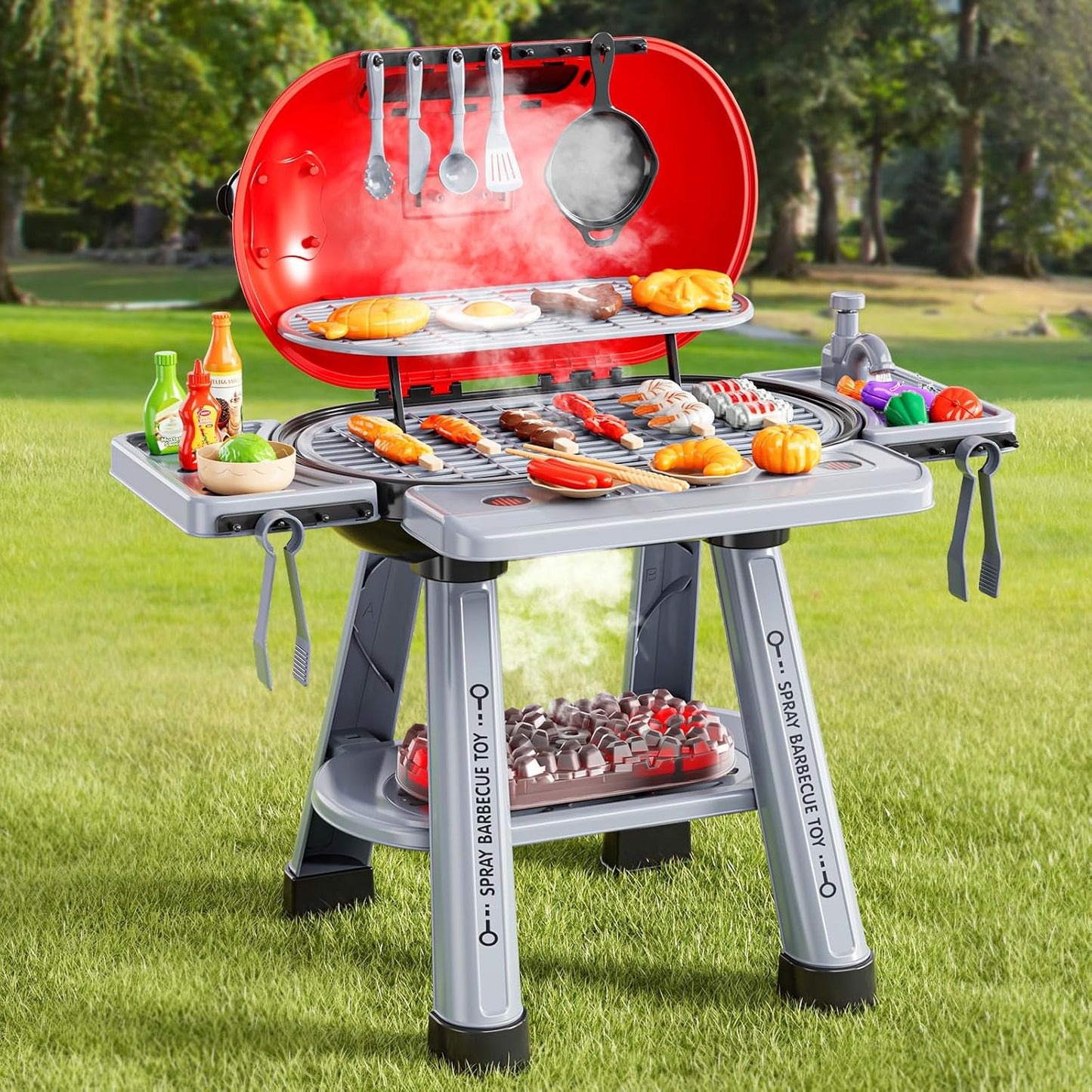Kids Kitchen Toy Set, Kids BBQ Grill Kitchen Playset with Smoke, Sound & Light