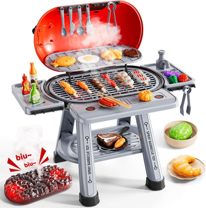 Kids Kitchen Toy Set, Kids BBQ Grill Kitchen Playset with Smoke, Sound & Light